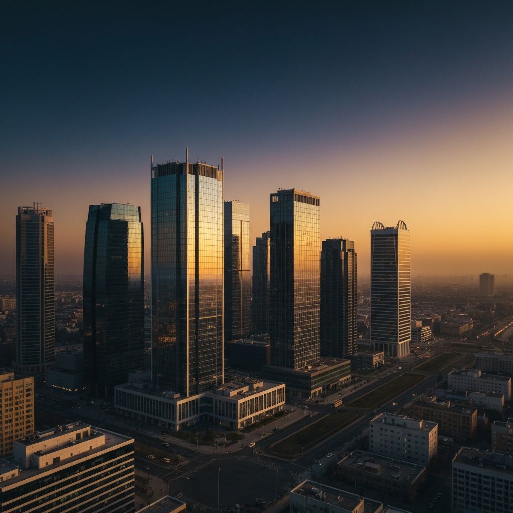 Modern city skyline at dusk